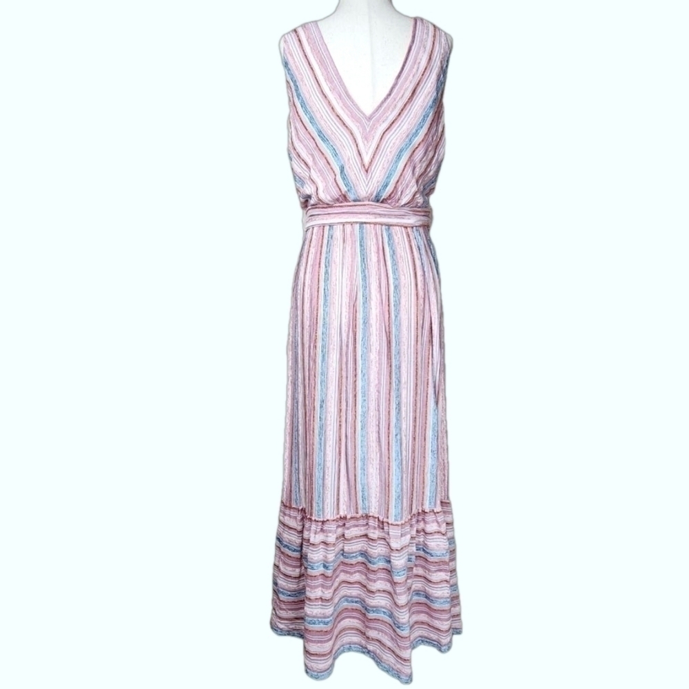 Sleeveless Striped Tiered Wrap Style Belted Velvet Maxi Dress w Pockets 8 - Picture 9 of 13